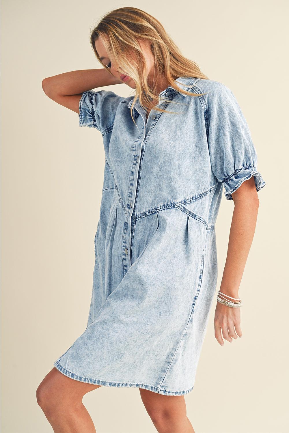 Blue Mineral Washed Ruffled Short Sleeve Pocketed Denim Dress - The Fair Lady Shop