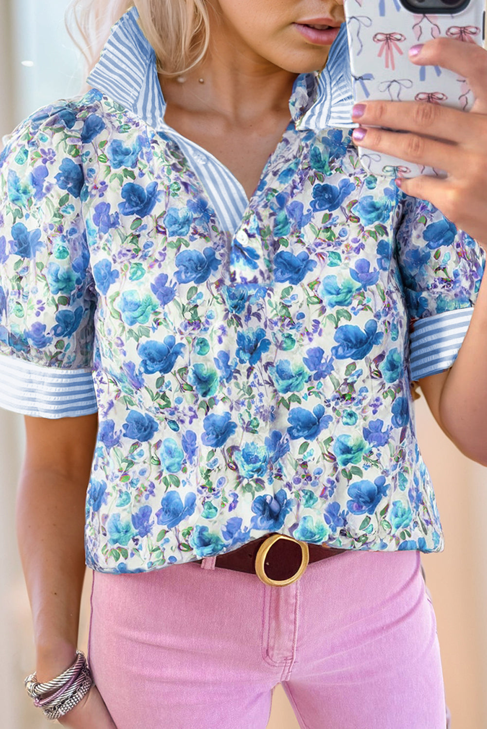 Sky Blue Floral Print Striped Patchwork Collared Blouse - The Fair Lady Shop