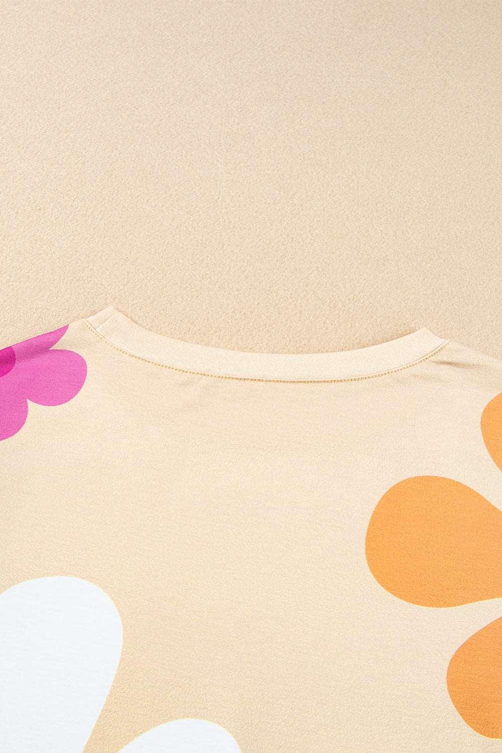 Apricot Colorful Flower Print Bubble Sleeve Tee - The Fair Lady Shop