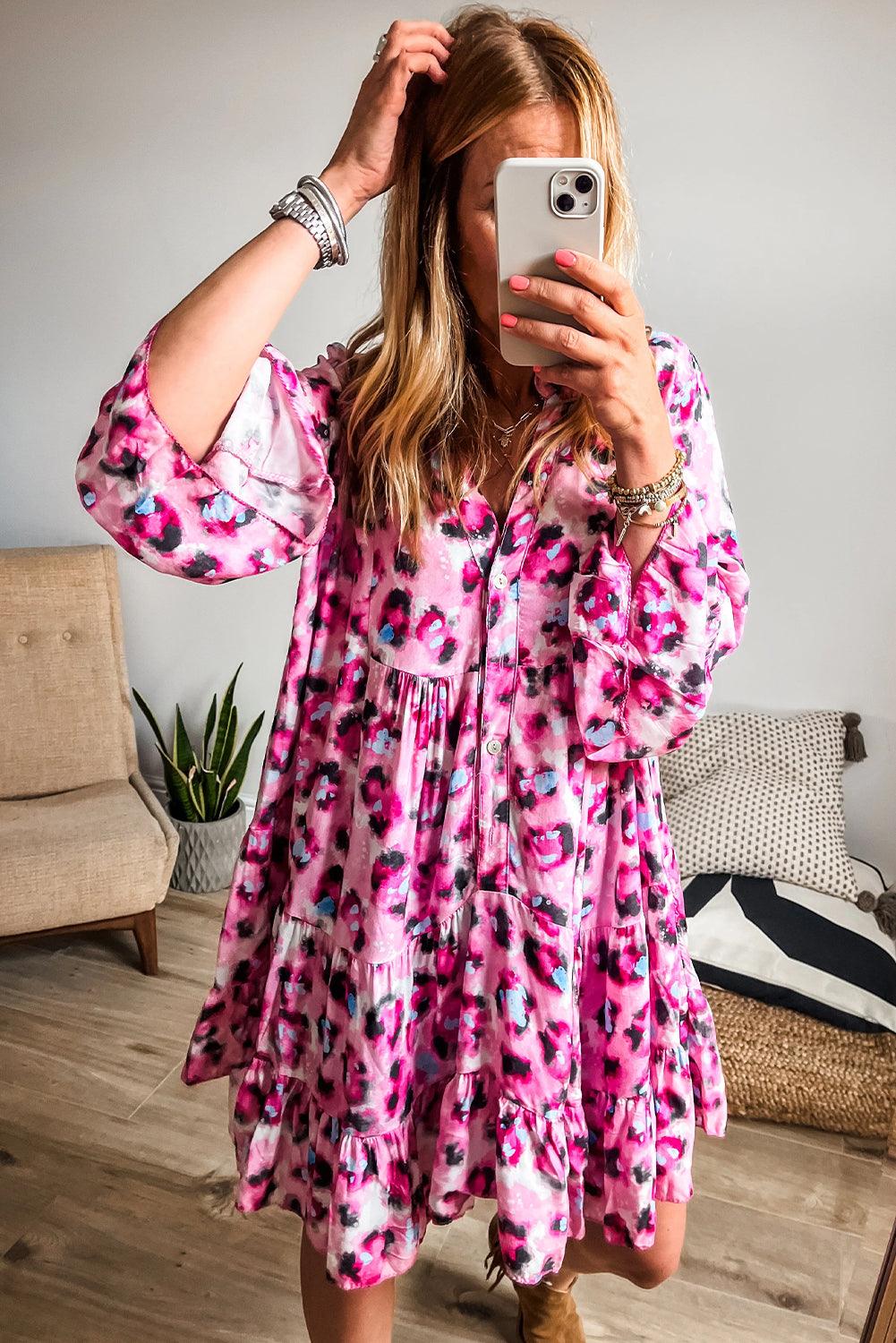 Black Leopard Button V Neck Flowy Mini Dress - The Fair Lady Shop