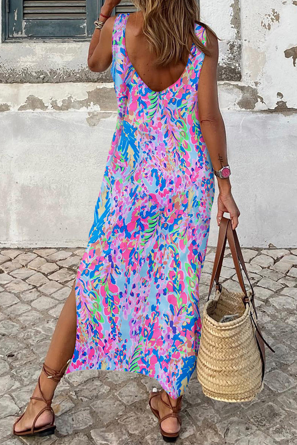 Purple Abstract Print Side Splits Round Neck Sleeveless Maxi Dress - The Fair Lady Shop