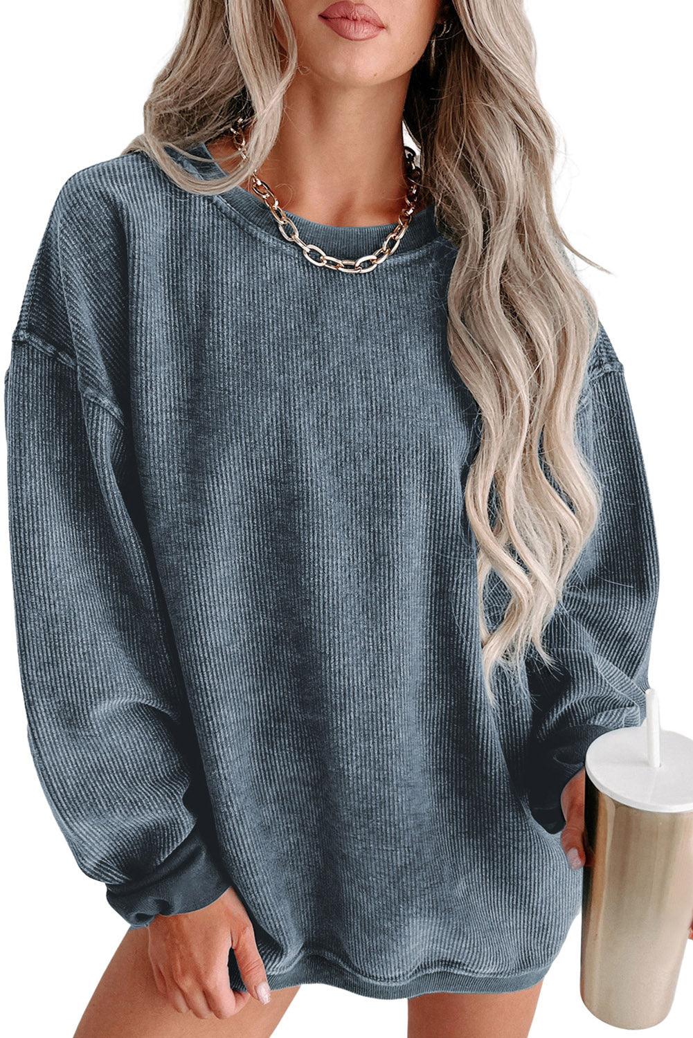 Khaki Solid Ribbed Round Neck Pullover Sweatshirt - The Fair Lady Shop