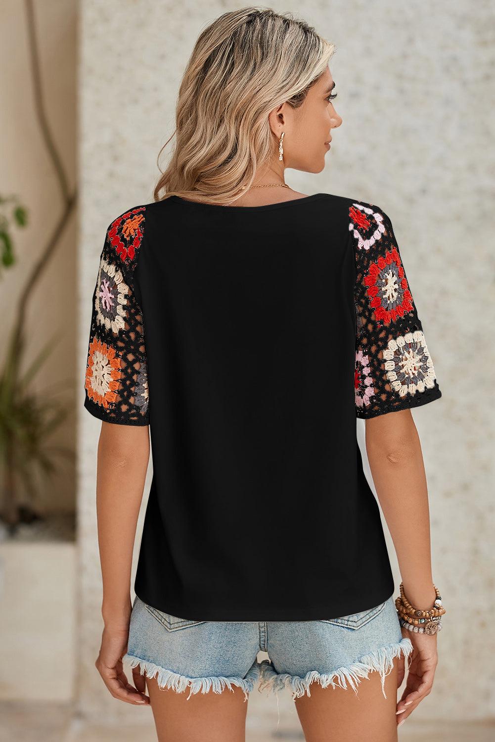 Black Floral Hollowed Crochet Sleeve Boho T Shirt - The Fair Lady Shop