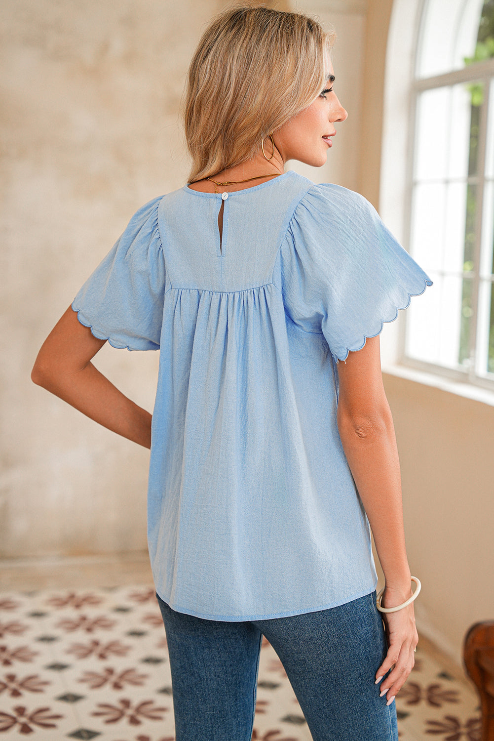 Beau Blue Embroidered Scallop Trim Sleeve Pleated Blouse - The Fair Lady Shop