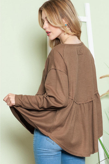 Brown Textured Exposed Seam Pullover Long Sleeve Top - The Fair Lady Shop