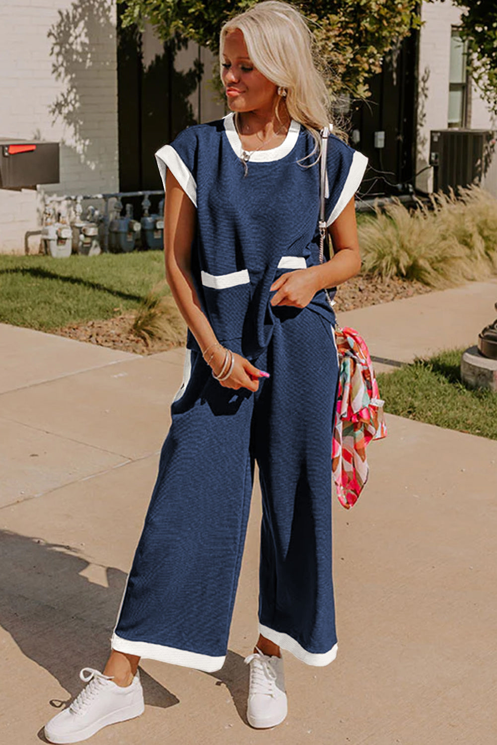 Navy Blue Contrast Trim Pocket T Shirt and Wide Leg Pants Set - The Fair Lady Shop