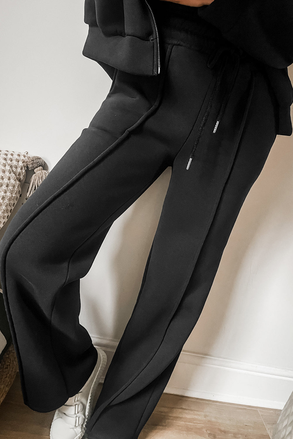 Black Seamed Zipper Jacket and Drawstring Waist Pants Set - The Fair Lady Shop