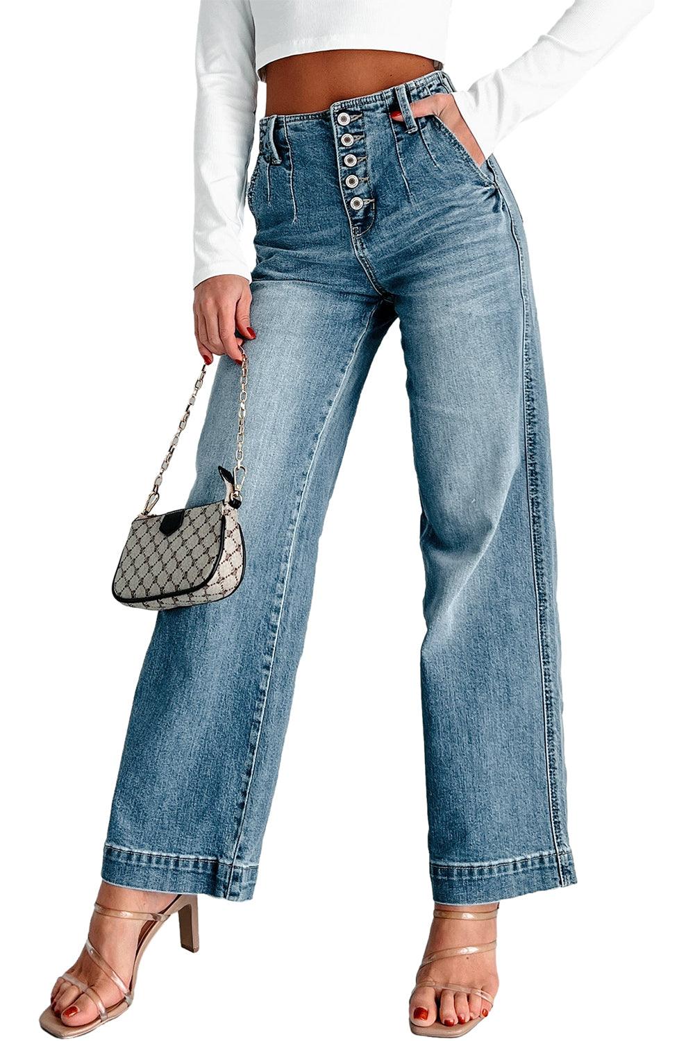 Dusk Blue Multi Button Waist Wash Straight Leg Jeans - The Fair Lady Shop