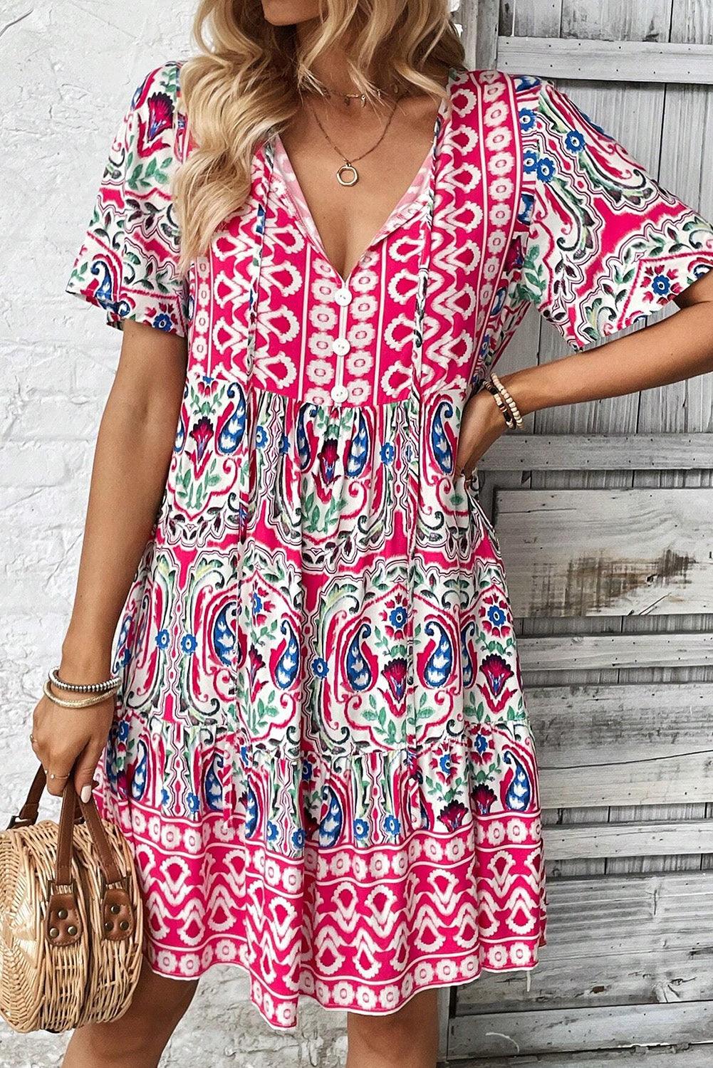 Orange Bohemian Tie Neck Flounce Sleeve Ruffle Hem Mini Dress - The Fair Lady Shop