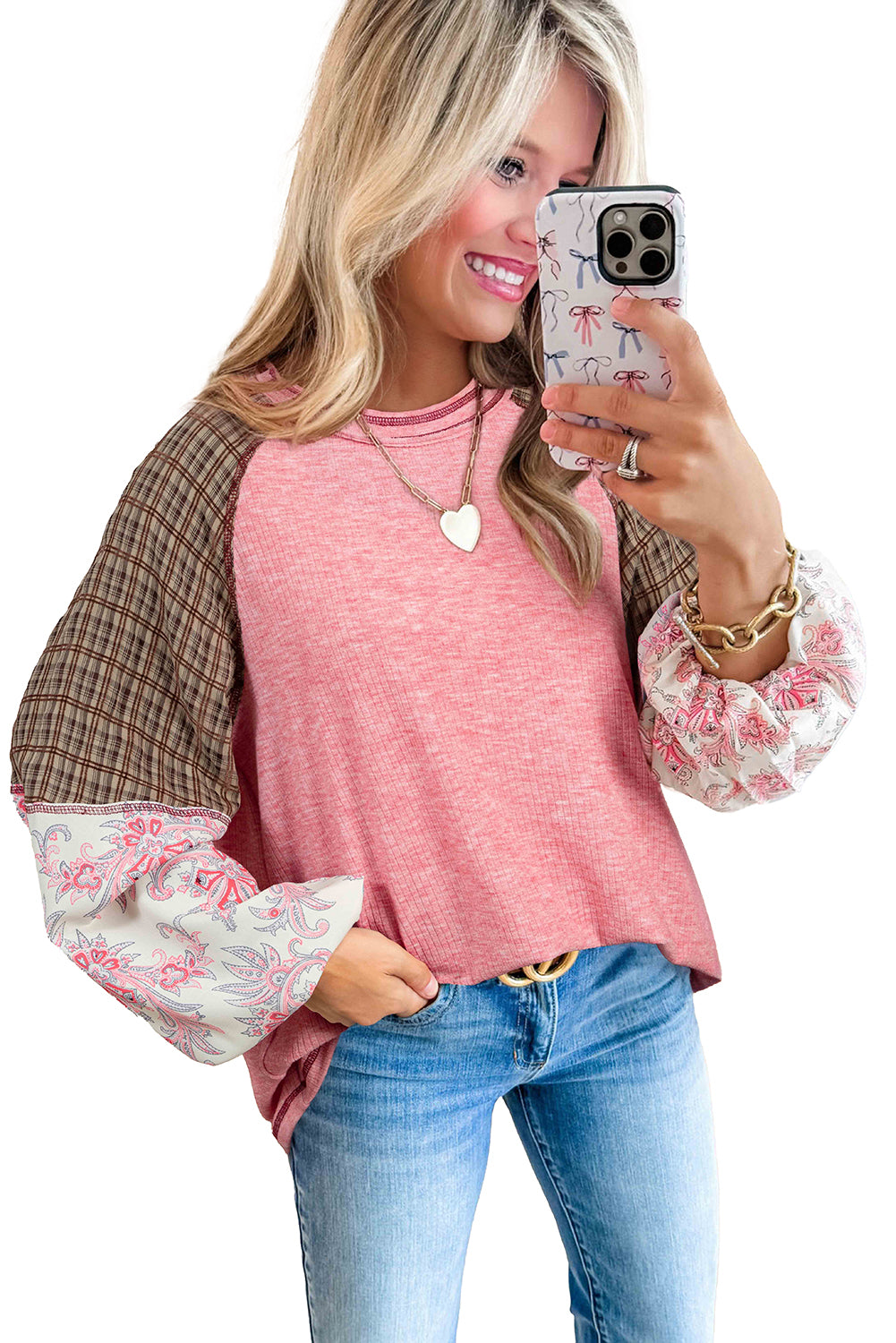 Fushia Floral Plaid Mixed Print Patchwork Raglan Ribbed Top - The Fair Lady Shop