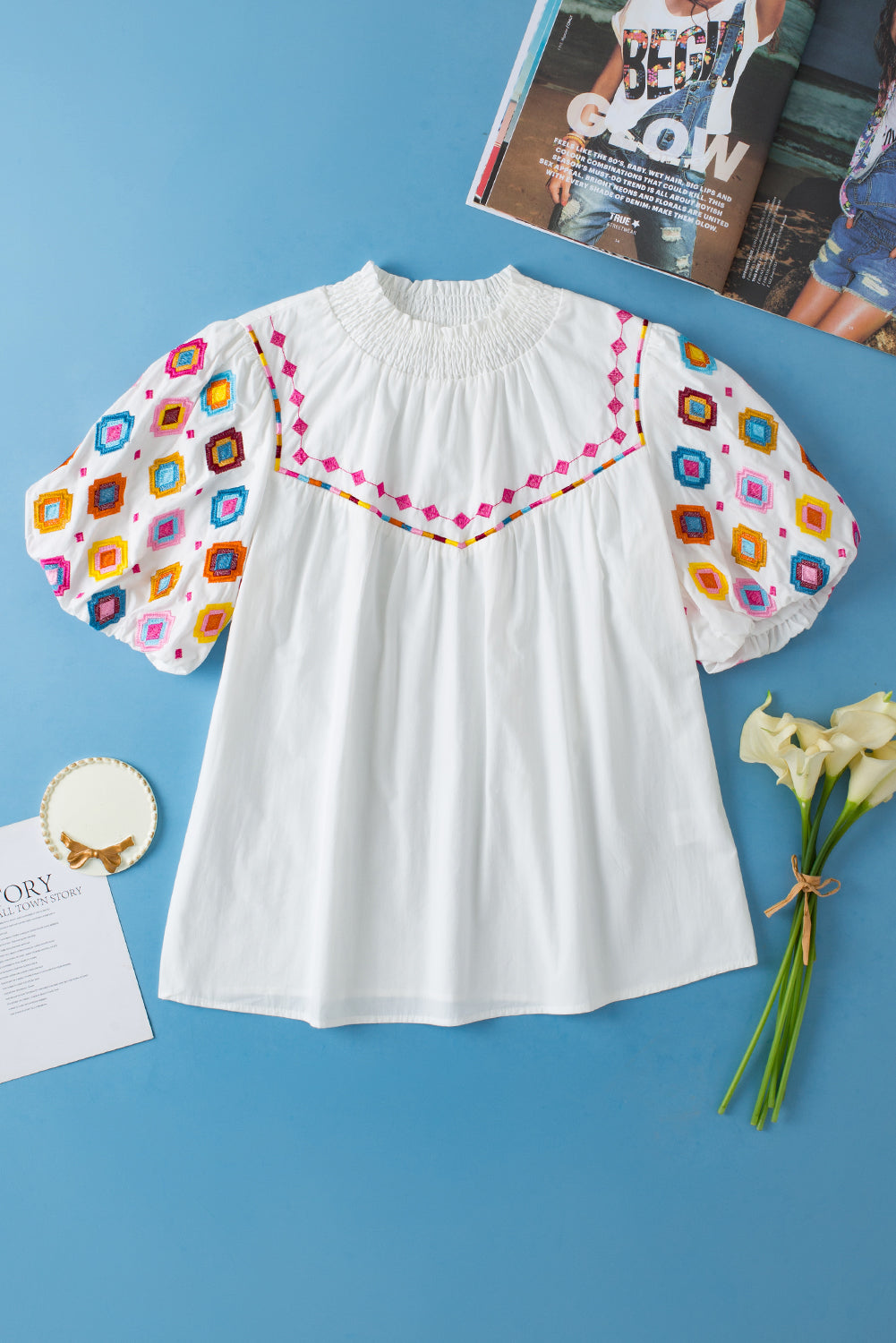 White Geometric Embroidered Smocked Neck Puff Sleeve Top - The Fair Lady Shop