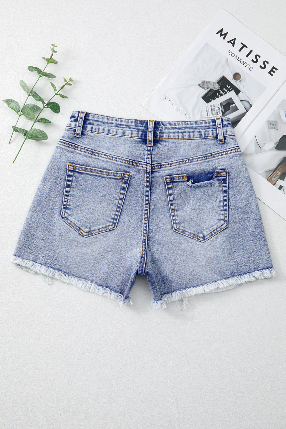 Beau Blue Pearl Studded Pocket Raw Hem Denim Shorts - The Fair Lady Shop