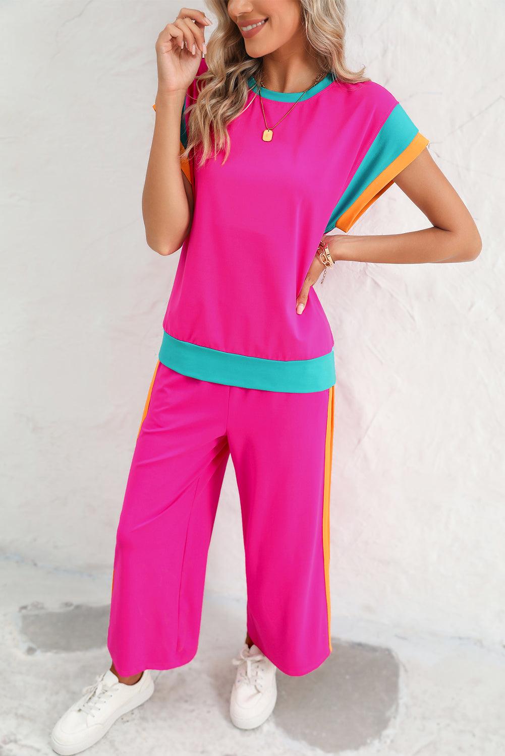 Chestnut Colorblock Cap Sleeve Tee and Wide Leg Pants Set - The Fair Lady Shop