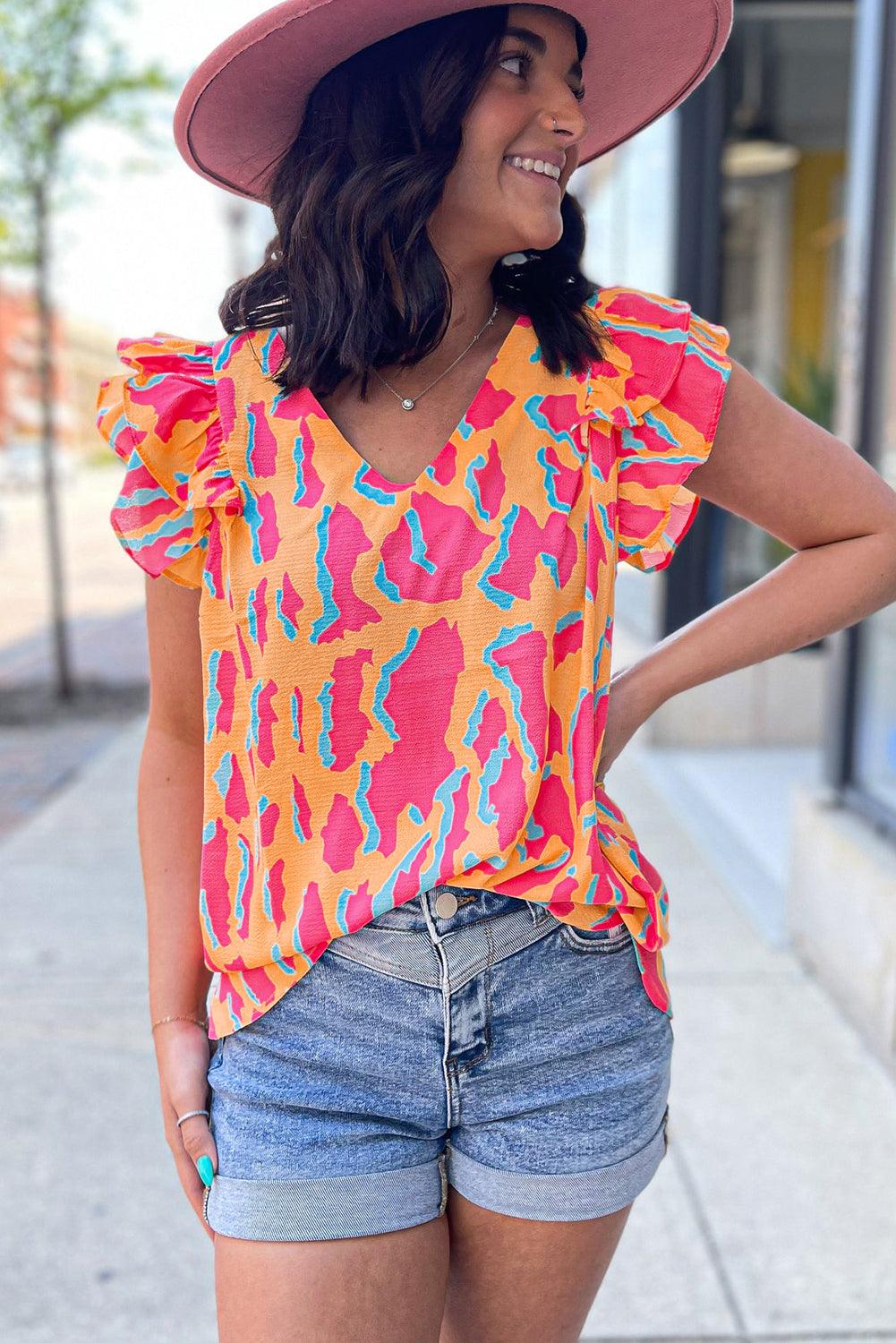 Orange Abstract Print V Neck Ruffled Sleeve Blouse - The Fair Lady Shop