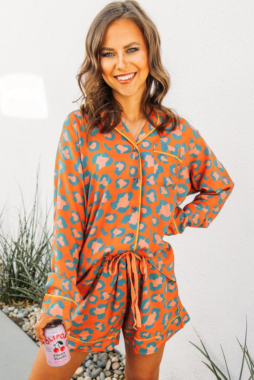 Orange Leopard Print Long Sleeve Shirt and Shorts Pajama Set - The Fair Lady Shop