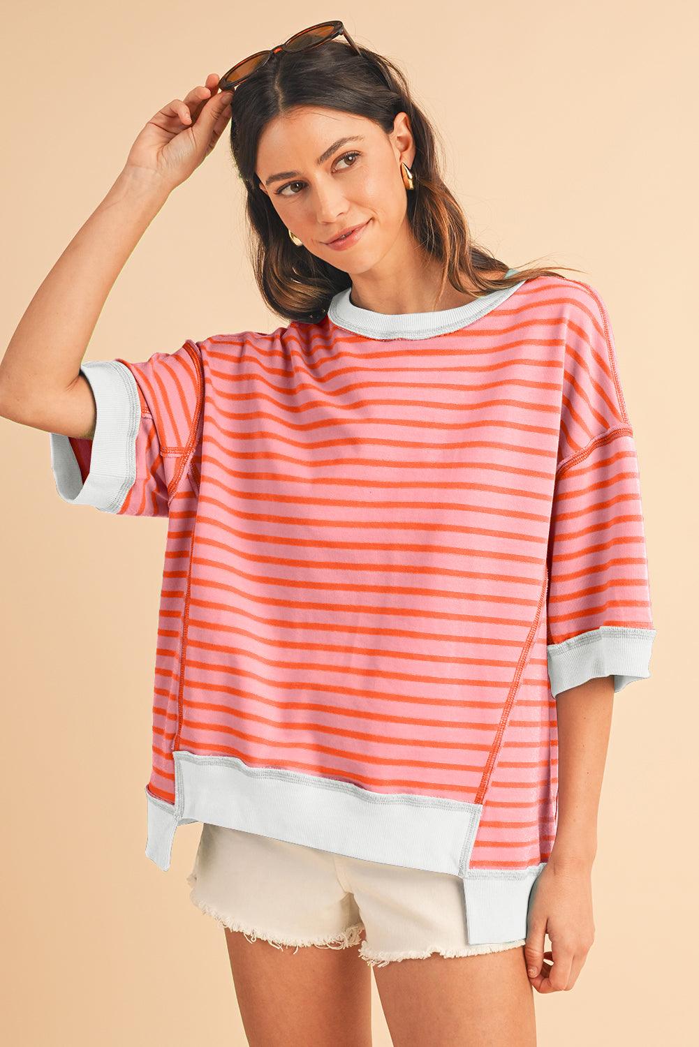 Pink Stripe Colorblock Drop Sleeve Oversized T Shirt - The Fair Lady Shop