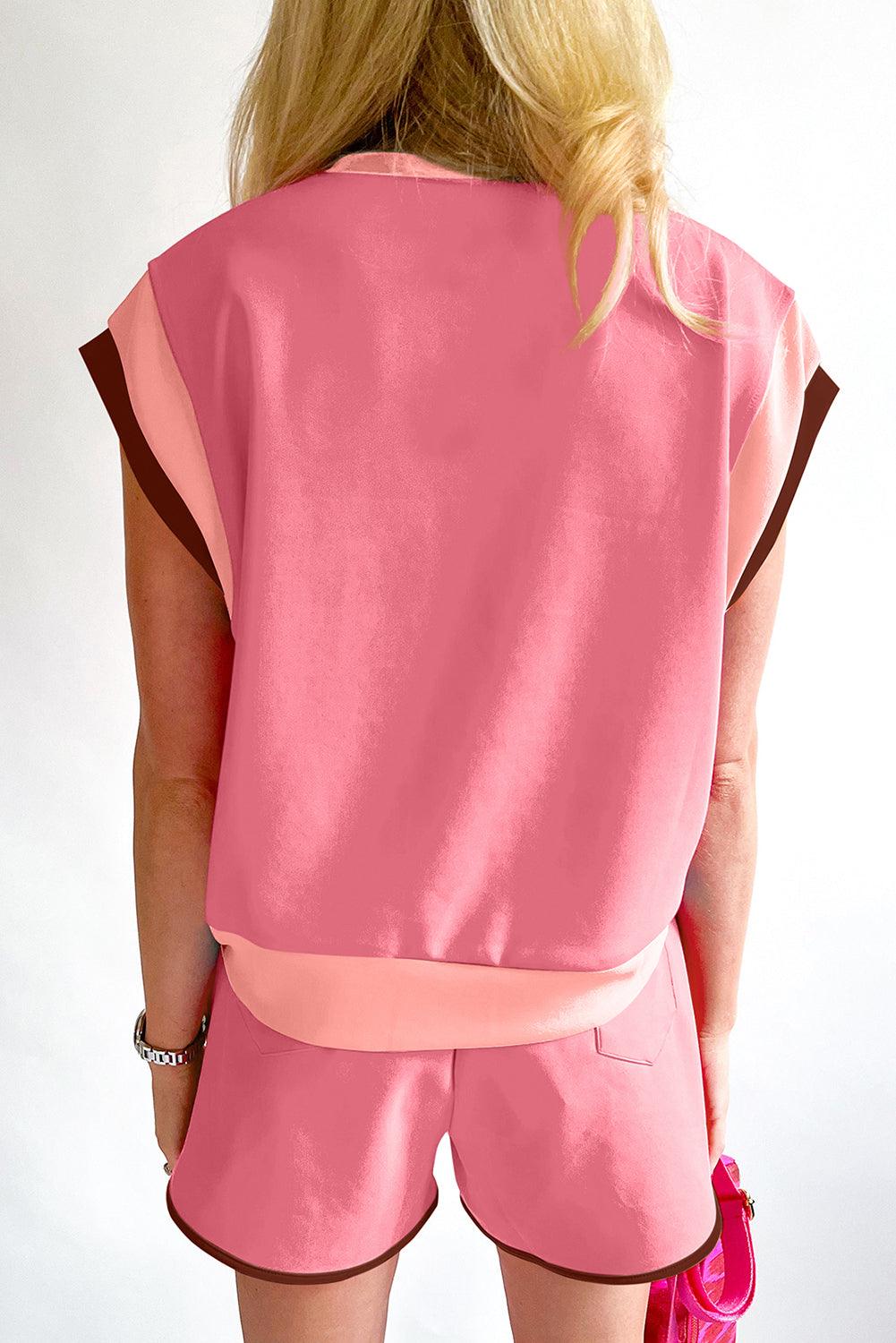 Peach Blossom Color Block Loose Fit Top & Elastic Waist Shorts Set - The Fair Lady Shop