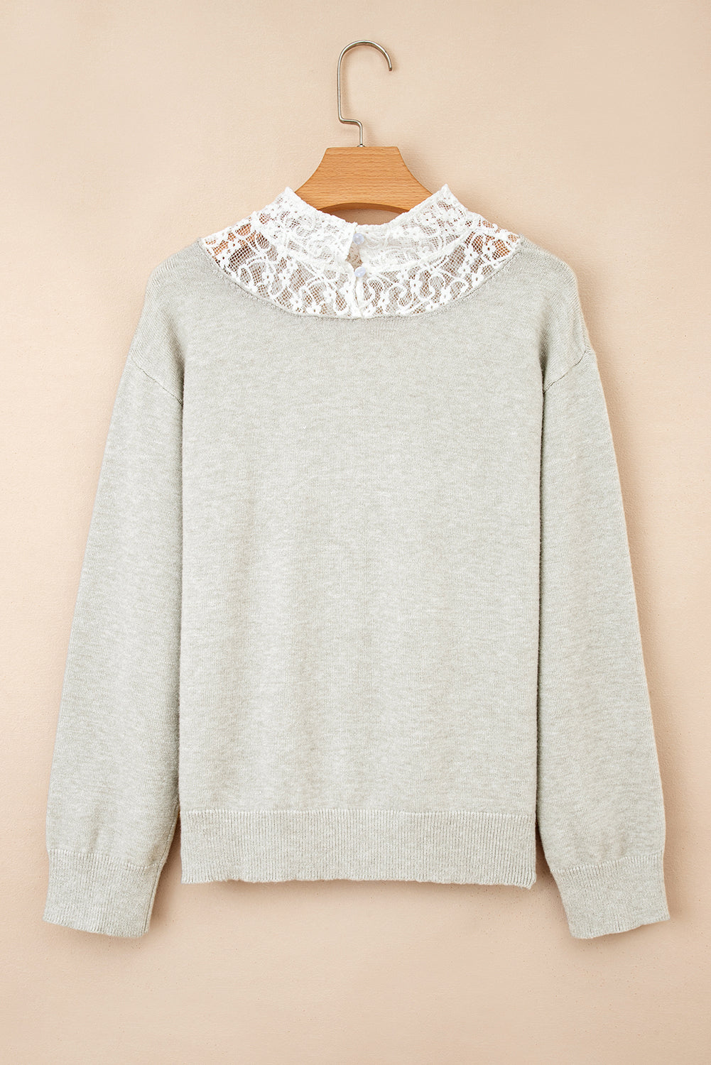 Light Grey Button Keyhole Lace Patchwork Drop Shoulder Sweater