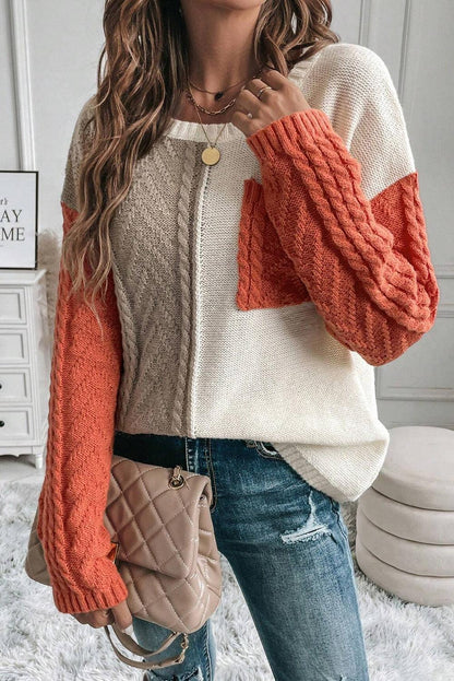 Rose Tan Colorblock Pocket Drop Shoulder Sweater - The Fair Lady Shop