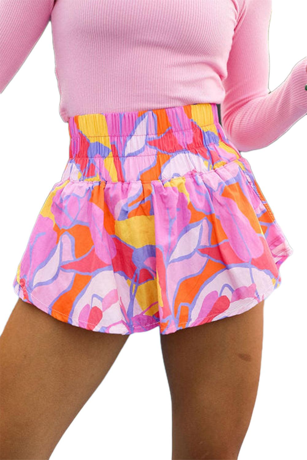 Purple Abstract Print Smocked Waist Flared Shorts - The Fair Lady Shop