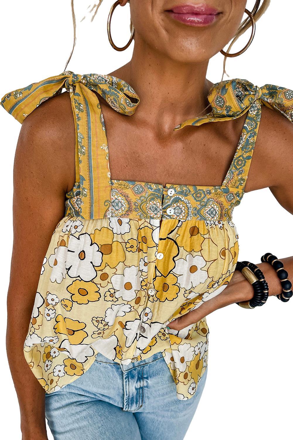 Yellow Floral Patchwork Boho Knot Straps Top - The Fair Lady Shop