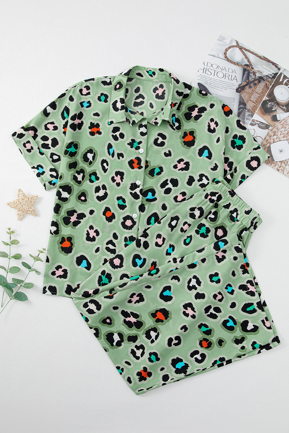 Green Leopard Print Short Sleeve Shirt and Wide Leg Pants Set - The Fair Lady Shop