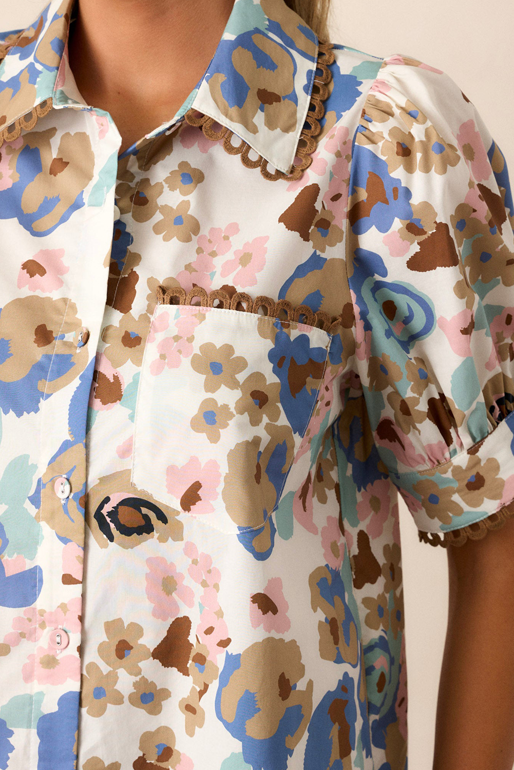 Multicolour Vintage 60s Flower Puff Sleeve Shirt - The Fair Lady Shop