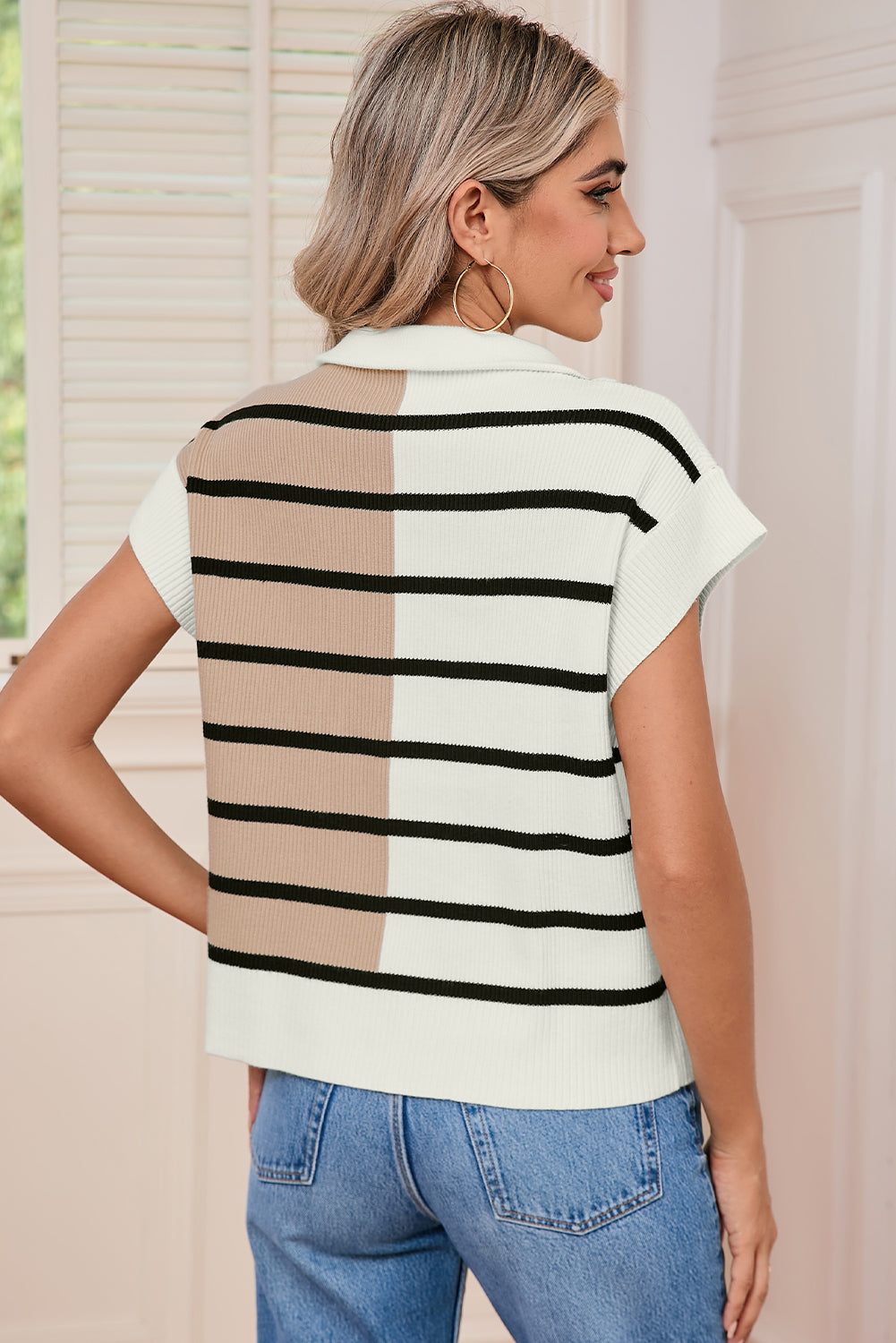 Black Stripe Quarter Zip Collar Knit Vest - The Fair Lady Shop