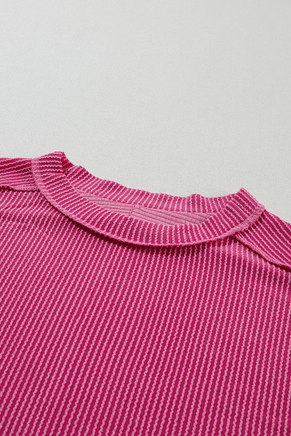 Medium Grey Ribbed Knit Exposed Seam Round Neck T-shirt - The Fair Lady Shop