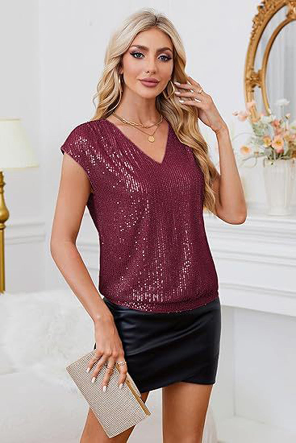 Red Dahlia Sequins V-Neck Slimming Plain Top - The Fair Lady Shop
