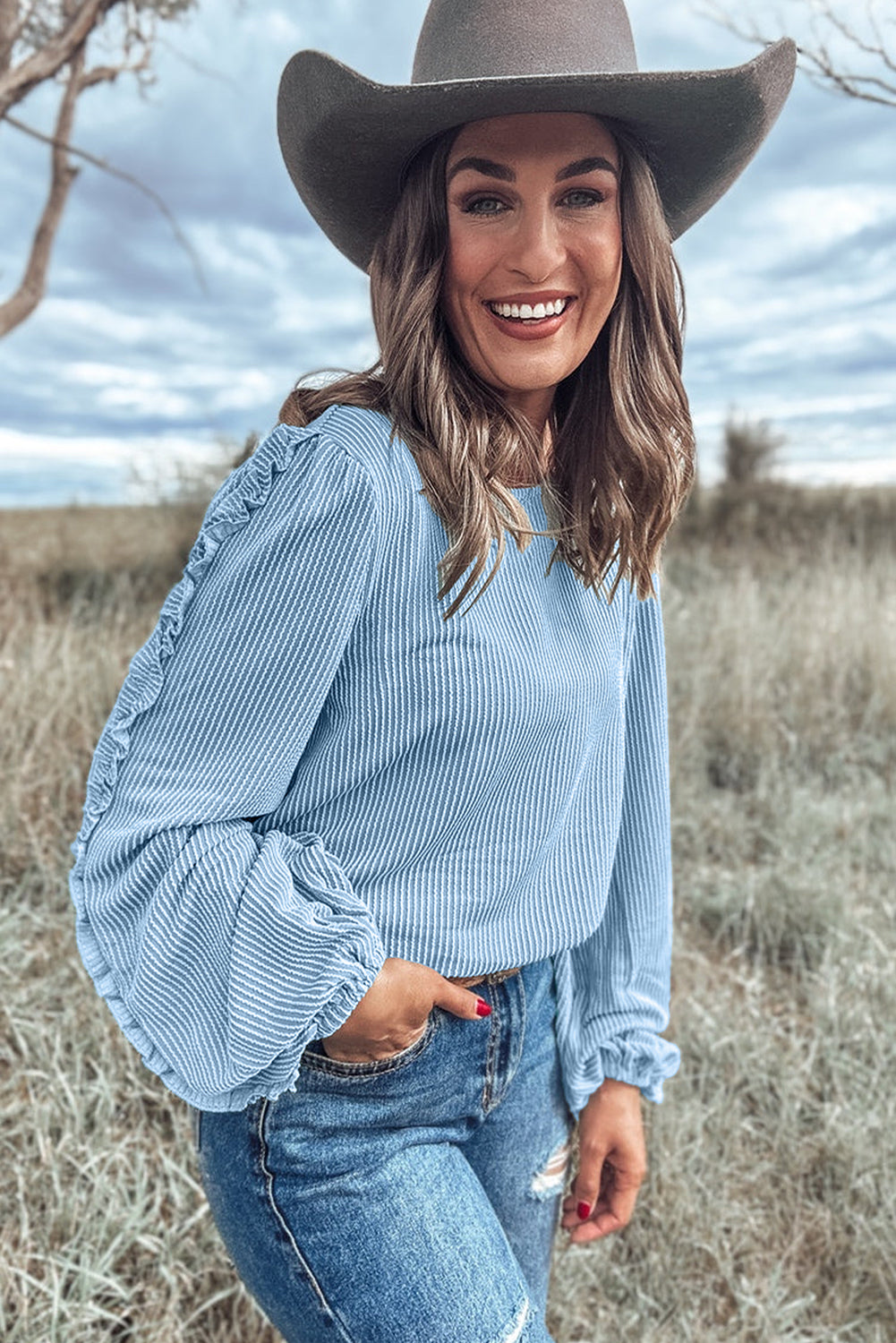 Mist Blue Corded Frill Detail Puff Sleeve Top - The Fair Lady Shop