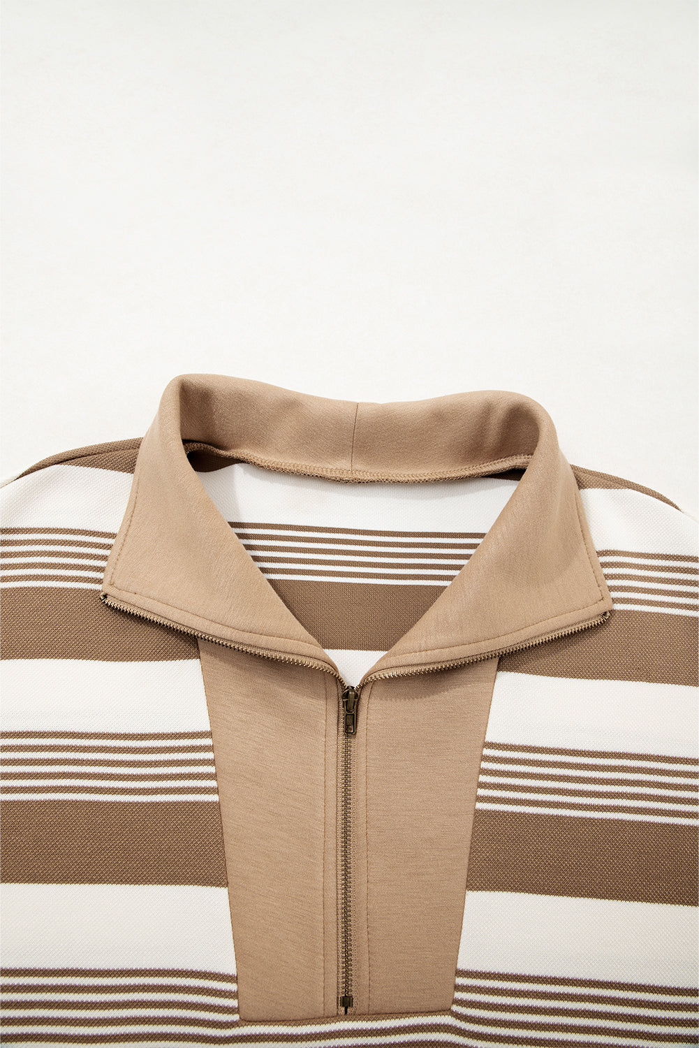 Khaki Striped Pullover Sweatshirt - Cozy Zipper Collar Design