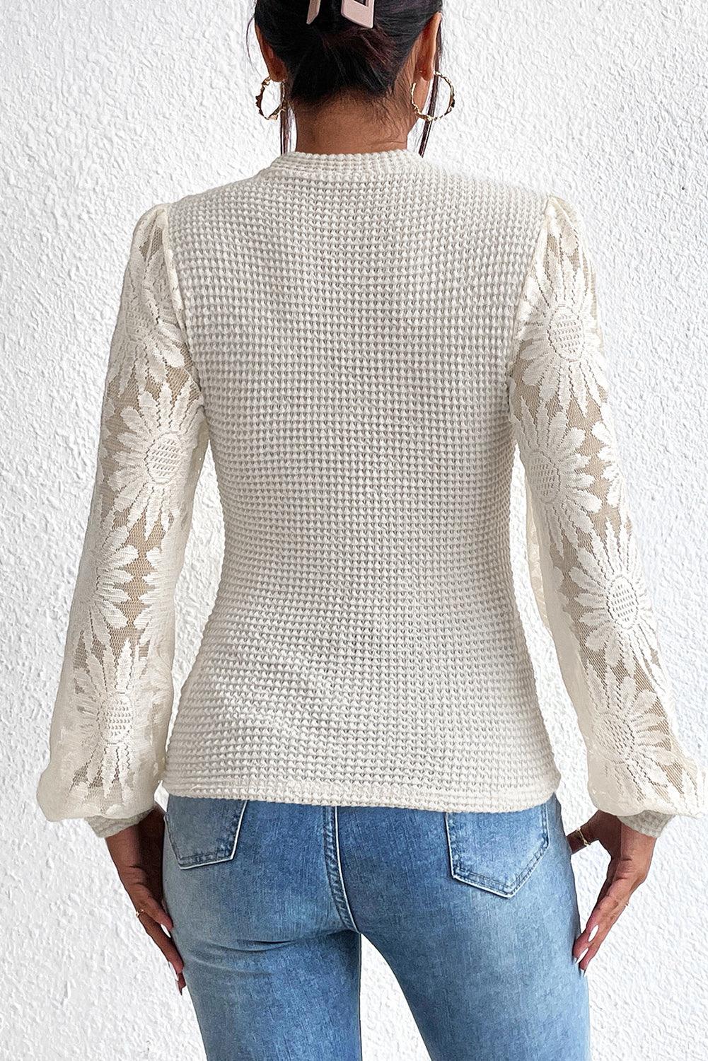 Peach Blossom Sunflower Lace Long Sleeve Waffle Knit Top - The Fair Lady Shop