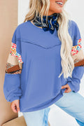Blue Exposed Seam Floral Mixed Patchwork Plus Size Top