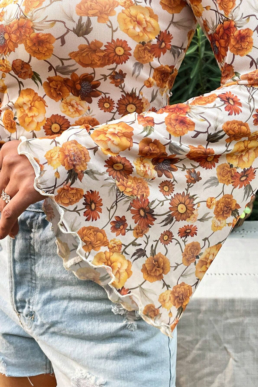 Orange Floral Print Bell Sleeve Mock Neck Scallop Trim Blouse - The Fair Lady Shop