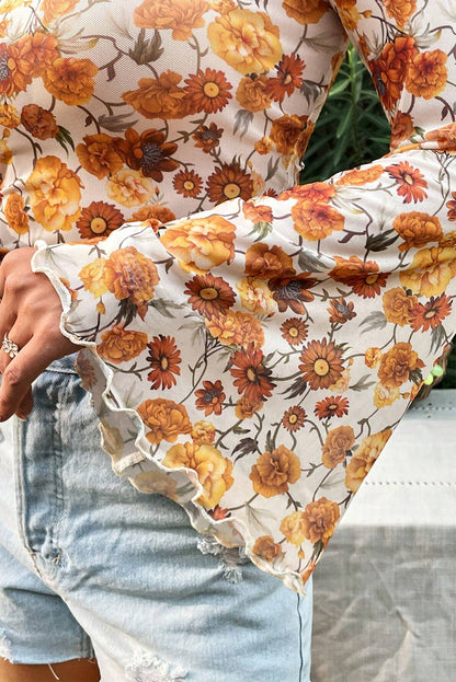 Orange Floral Print Bell Sleeve Mock Neck Scallop Trim Blouse - The Fair Lady Shop