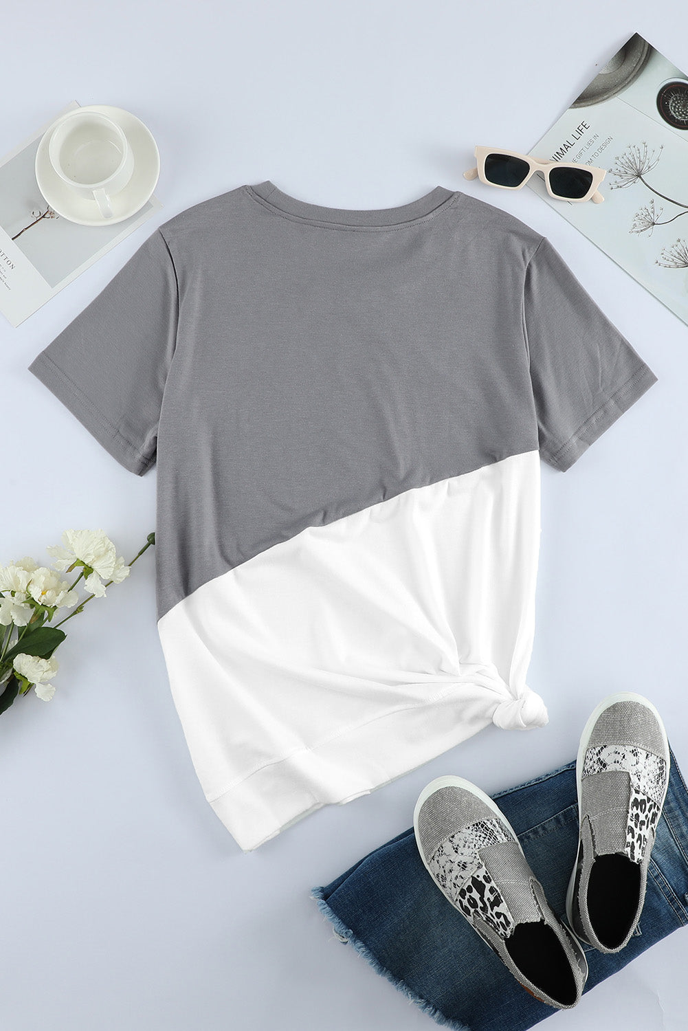 Gray Crew Neck Colorblock Tee - The Fair Lady Shop