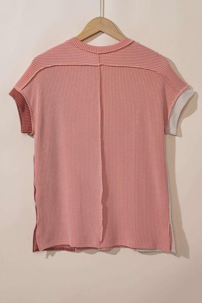 Apricot Pink Colorblock Ribbed Round Neck T Shirt - The Fair Lady Shop