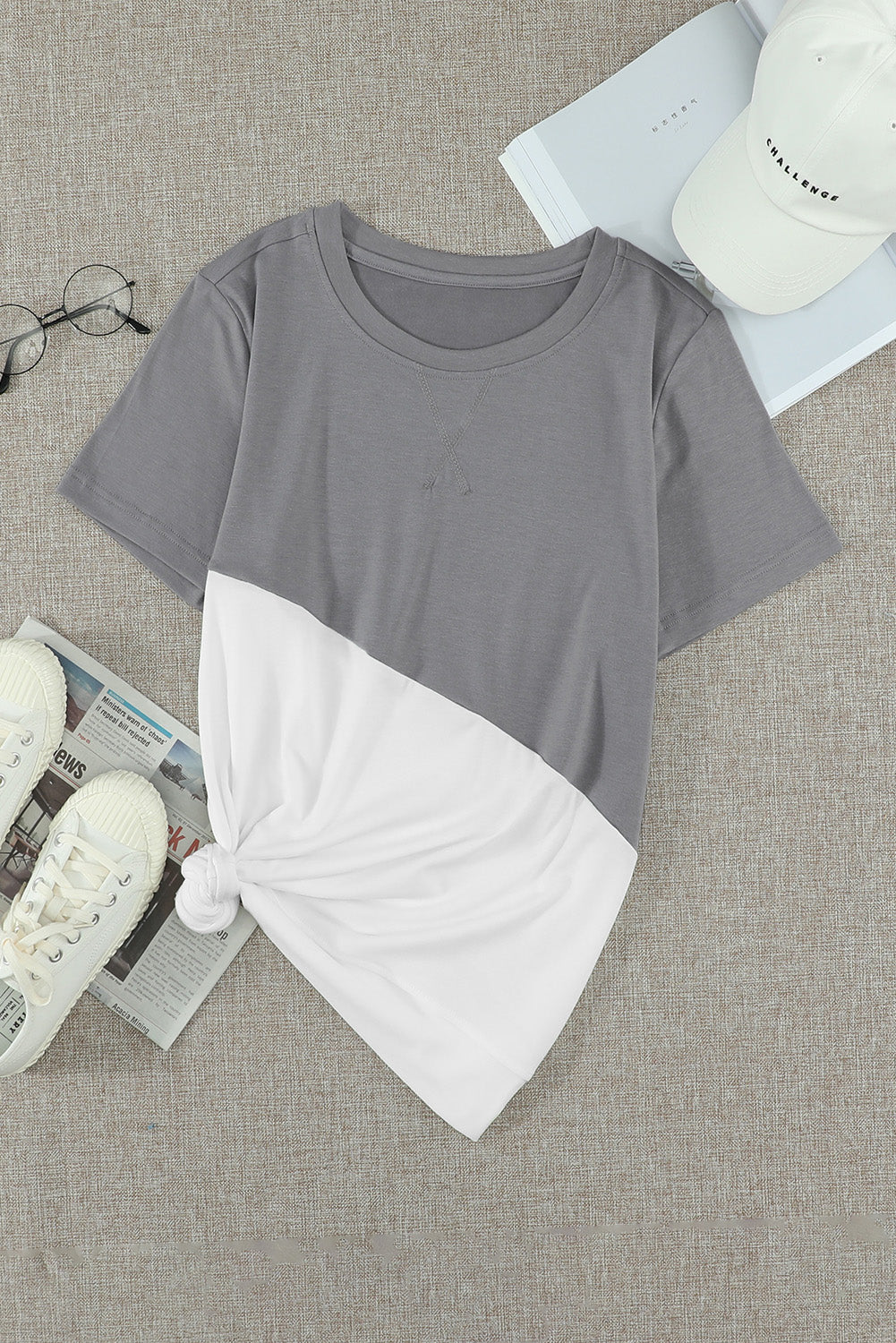 Gray Crew Neck Colorblock Tee - The Fair Lady Shop