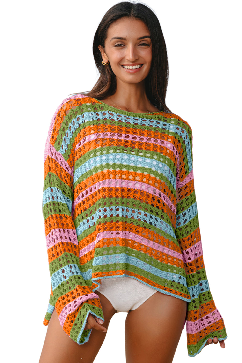 Carrot Striped Hollow Knit Summer Beach Cover Up - The Fair Lady Shop