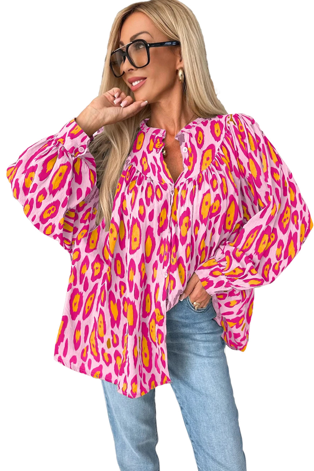 Rose Red Leopard Print Balloon Sleeve Loose Blouse - The Fair Lady Shop