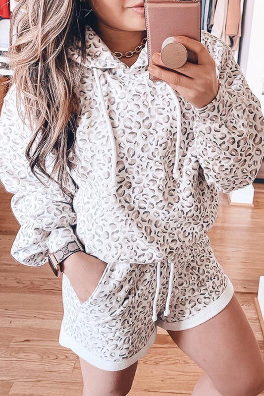 White Leopard Print Hoodie and Shorts Set - The Fair Lady Shop