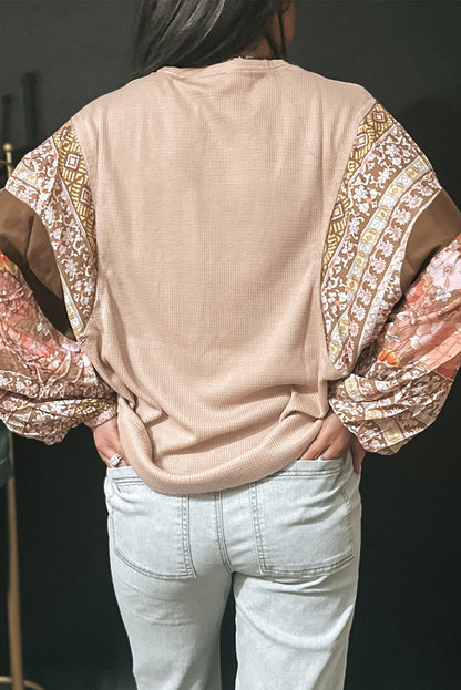 Parchment Floral Patchwork Puff Sleeve Waffle Knit Top - The Fair Lady Shop