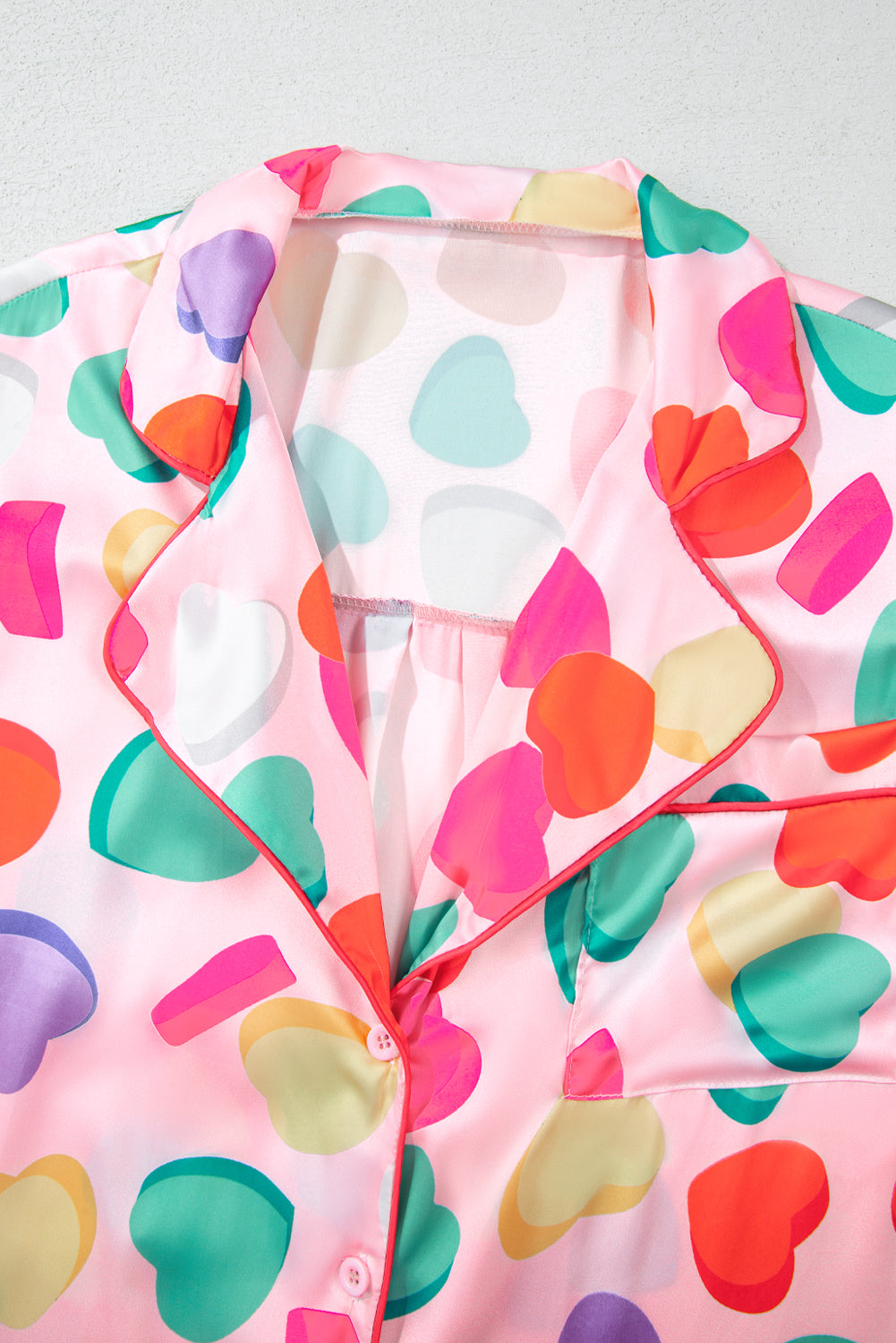 Pink Full Heart Pattern Shirt and Shorts Satin Pajama Set - The Fair Lady Shop