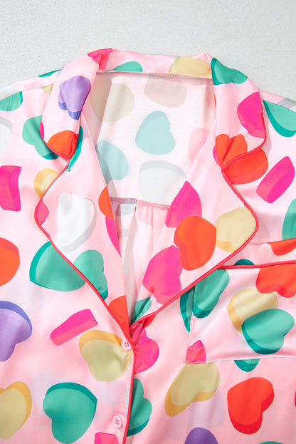 Pink Full Heart Pattern Shirt and Shorts Satin Pajama Set - The Fair Lady Shop