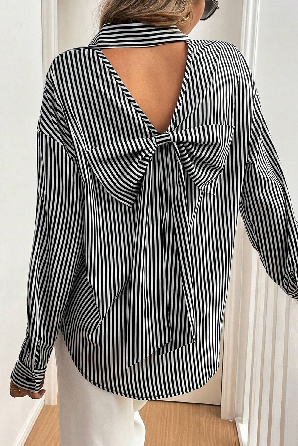 Black White Striped Button Down Bow Back Long Sleeve Shirt - The Fair Lady Shop