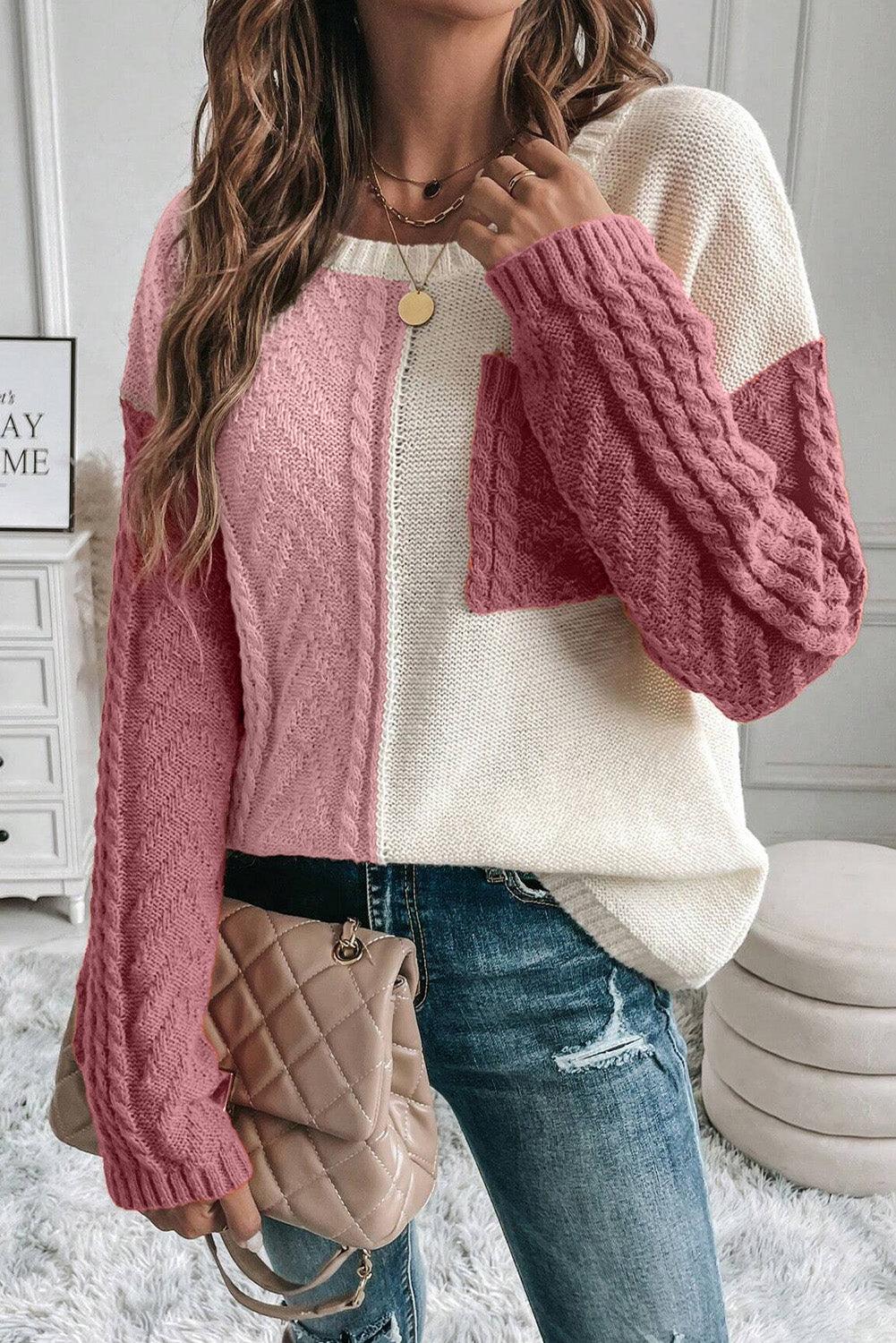 Rose Tan Colorblock Pocket Drop Shoulder Sweater - The Fair Lady Shop