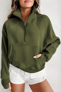 Green Zip Up Stand Collar Ribbed Thumbhole Sleeve Sweatshirt - The Fair Lady Shop