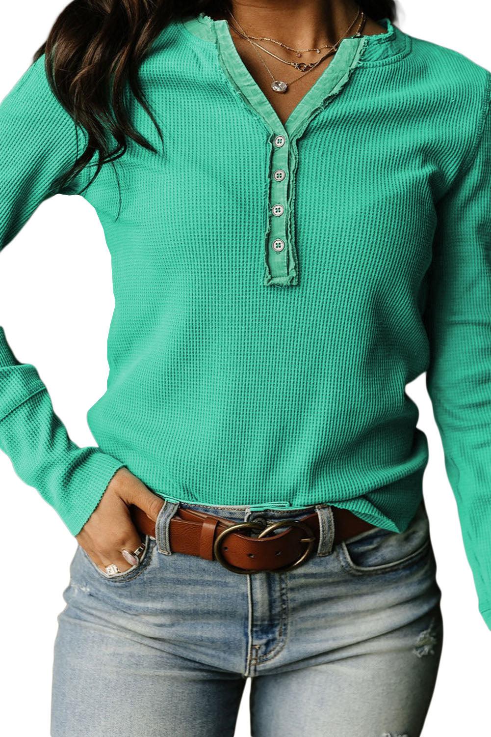 Brown Solid Color Waffle Knit Long Sleeve Henley Shirt - The Fair Lady Shop