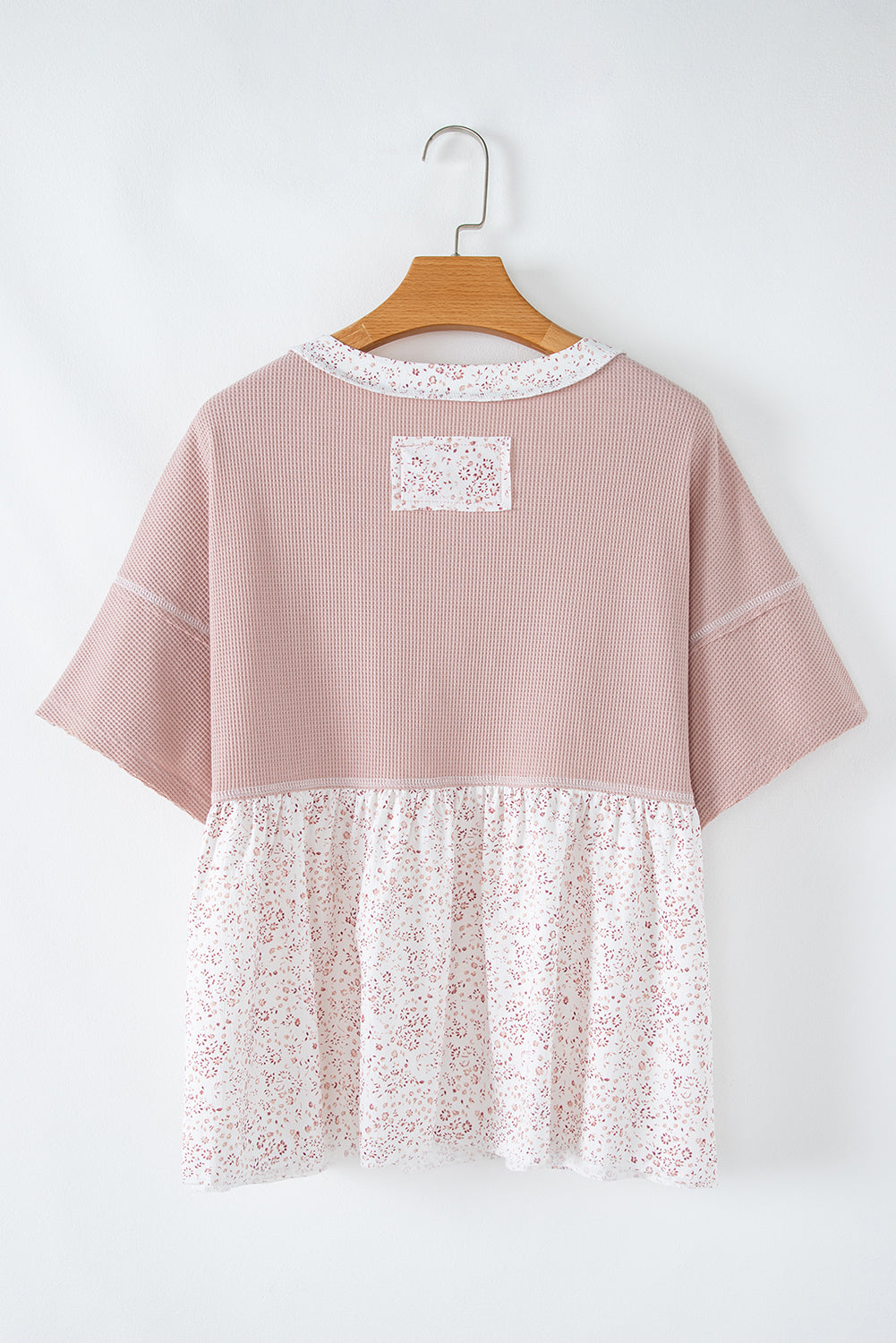 Pink Waffle Floral Patchwork Exposed Seam Detail Short Sleeve Top - The Fair Lady Shop